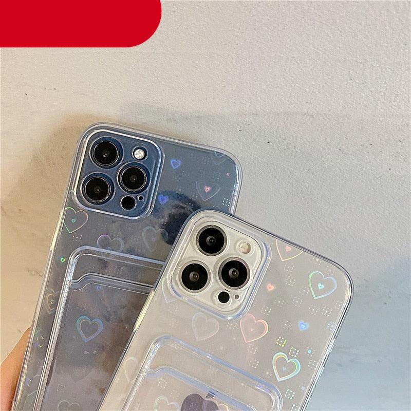 Clear Holographic Love Heart Pattern Cute Case with Card Holder Love Gradient Transparent Soft Case For iPhone 14 13 11 12 Pro Max Mini X XS XR 7 8 Plus Wallet Card Holder Cover