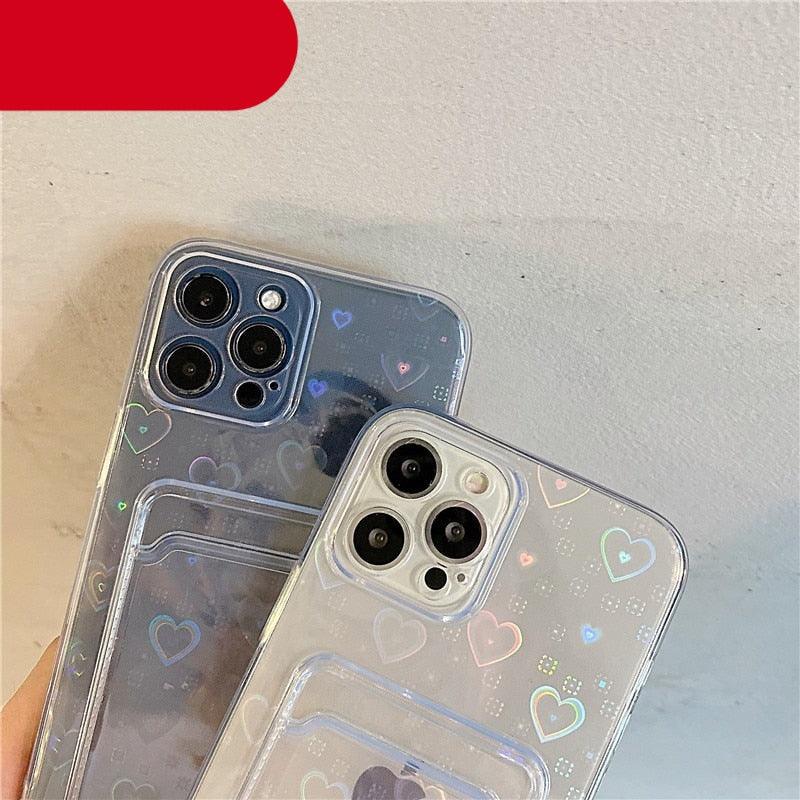 Clear Holographic Love Heart Pattern Cute Case with Card Holder Love Gradient Transparent Soft Case For iPhone 14 13 11 12 Pro Max Mini X XS XR 7 8 Plus Wallet Card Holder Cover