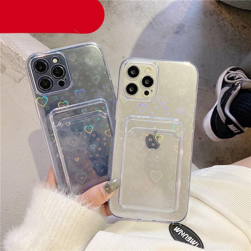 Clear Holographic Love Heart Pattern Cute Case with Card Holder Love Gradient Transparent Soft Case For iPhone 14 13 11 12 Pro Max Mini X XS XR 7 8 Plus Wallet Card Holder Cover