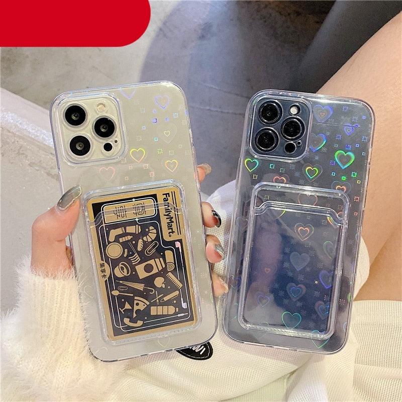Clear Holographic Love Heart Pattern Cute Case with Card Holder Love Gradient Transparent Soft Case For iPhone 14 13 11 12 Pro Max Mini X XS XR 7 8 Plus Wallet Card Holder Cover