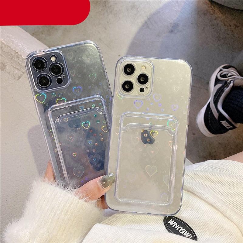 Clear Holographic Love Heart Pattern Cute Case with Card Holder Love Gradient Transparent Soft Case For iPhone 14 13 11 12 Pro Max Mini X XS XR 7 8 Plus Wallet Card Holder Cover