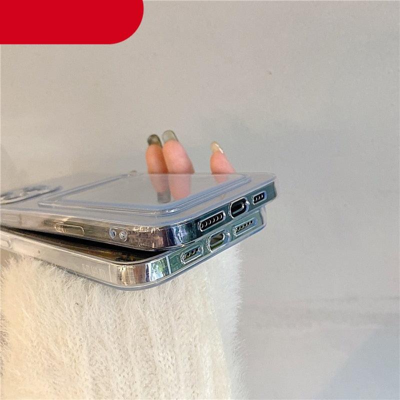 Clear Holographic Love Heart Pattern Cute Case with Card Holder Love Gradient Transparent Soft Case For iPhone 14 13 11 12 Pro Max Mini X XS XR 7 8 Plus Wallet Card Holder Cover