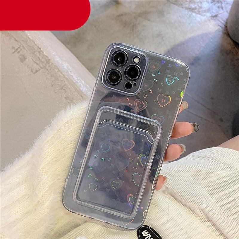 Clear Holographic Love Heart Pattern Cute Case with Card Holder Love Gradient Transparent Soft Case For iPhone 14 13 11 12 Pro Max Mini X XS XR 7 8 Plus Wallet Card Holder Cover