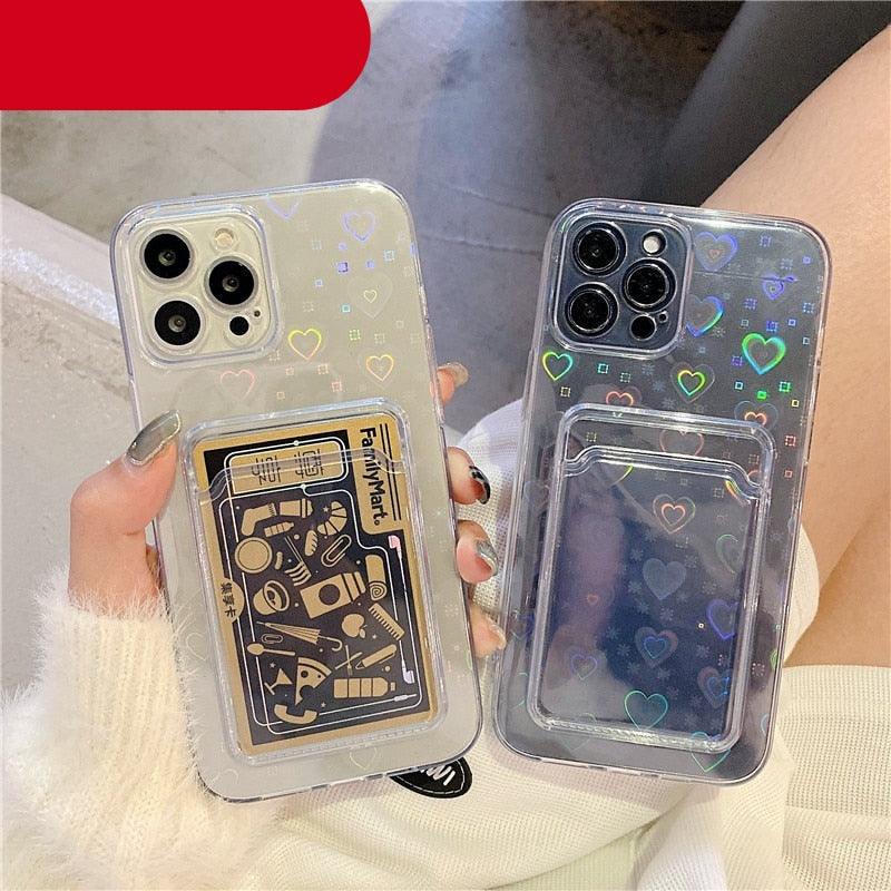Clear Holographic Love Heart Pattern Cute Case with Card Holder Love Gradient Transparent Soft Case For iPhone 14 13 11 12 Pro Max Mini X XS XR 7 8 Plus Wallet Card Holder Cover