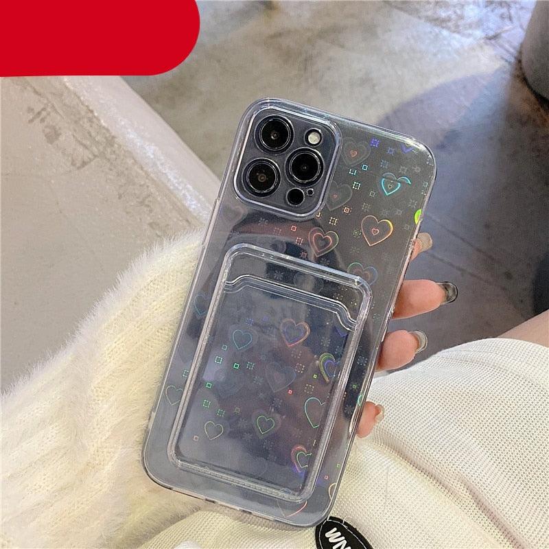 Clear Holographic Love Heart Pattern Cute Case with Card Holder Love Gradient Transparent Soft Case For iPhone 14 13 11 12 Pro Max Mini X XS XR 7 8 Plus Wallet Card Holder Cover