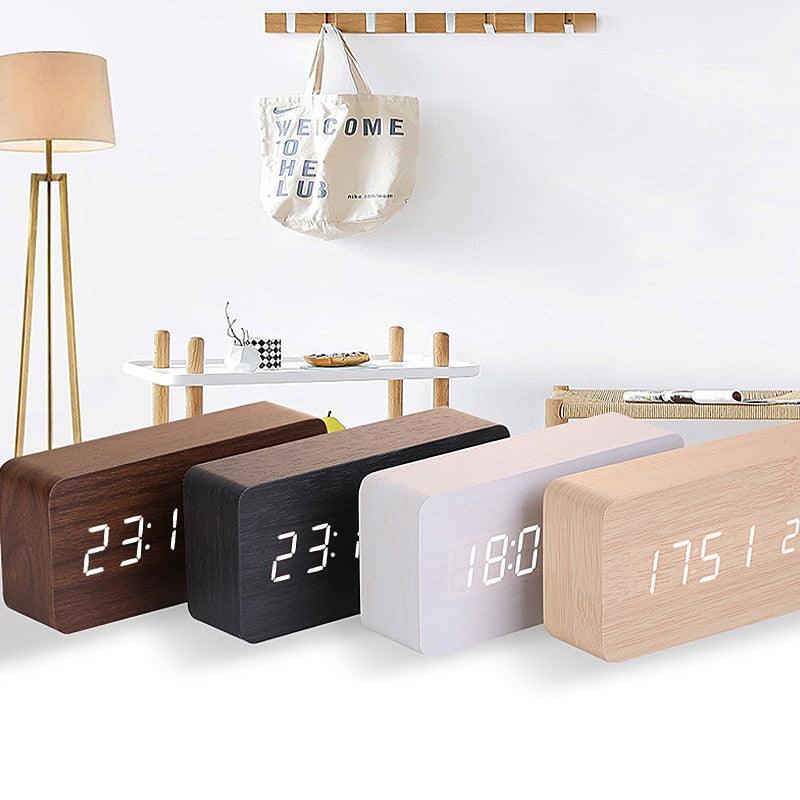Clocks LED Wooden Alarm Clock Watch Wooden Wood Clock New Version LED Alarm Digital Desk Clock Adjustable Brightness, Alarm Time, Displays Time Date Temperature Table Voice Control Digital Wood Electronic Desktop Table