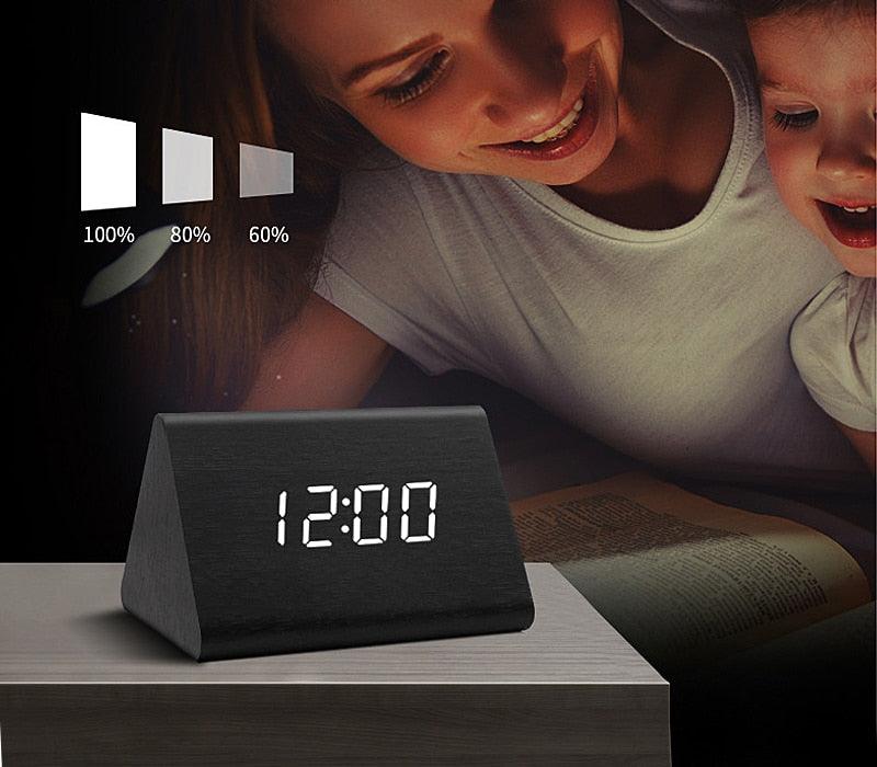 Clocks LED Wooden Alarm Clock Watch Wooden Wood Clock New Version LED Alarm Digital Desk Clock Adjustable Brightness, Alarm Time, Displays Time Date Temperature Table Voice Control Digital Wood Electronic Desktop Table