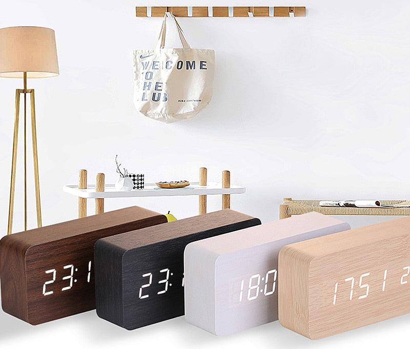 Clocks LED Wooden Alarm Clock Watch Wooden Wood Clock New Version LED Alarm Digital Desk Clock Adjustable Brightness, Alarm Time, Displays Time Date Temperature Table Voice Control Digital Wood Electronic Desktop Table