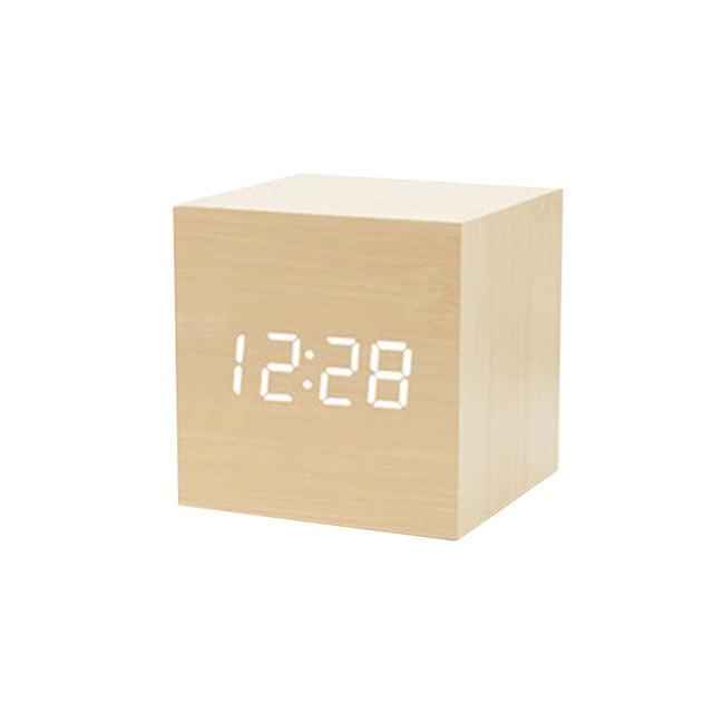 Clocks LED Wooden Alarm Clock Watch Wooden Wood Clock New Version LED Alarm Digital Desk Clock Adjustable Brightness, Alarm Time, Displays Time Date Temperature Table Voice Control Digital Wood Electronic Desktop Table