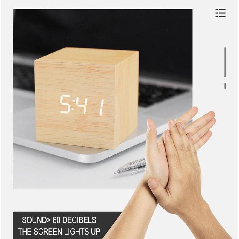 Clocks LED Wooden Alarm Clock Watch Wooden Wood Clock New Version LED Alarm Digital Desk Clock Adjustable Brightness, Alarm Time, Displays Time Date Temperature Table Voice Control Digital Wood Electronic Desktop Table