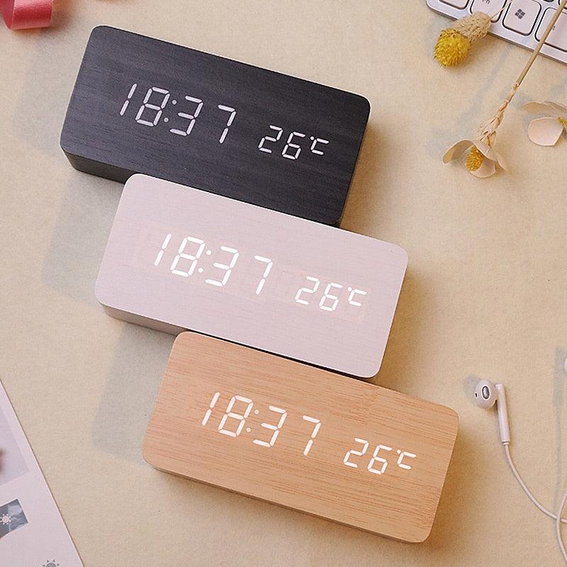 Clocks LED Wooden Alarm Clock Watch Wooden Wood Clock New Version LED Alarm Digital Desk Clock Adjustable Brightness, Alarm Time, Displays Time Date Temperature Table Voice Control Digital Wood Electronic Desktop Table