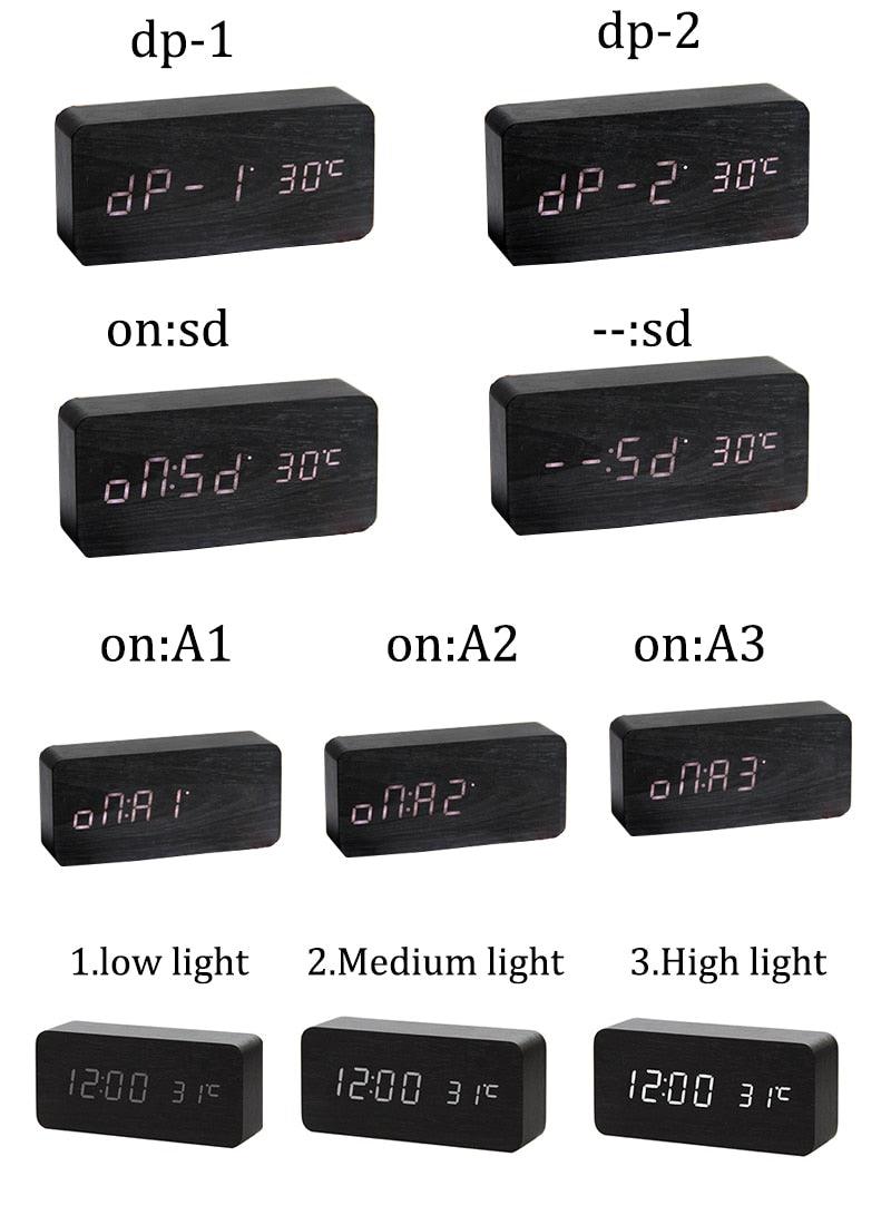 Clocks LED Wooden Alarm Clock Watch Wooden Wood Clock New Version LED Alarm Digital Desk Clock Adjustable Brightness, Alarm Time, Displays Time Date Temperature Table Voice Control Digital Wood Electronic Desktop Table