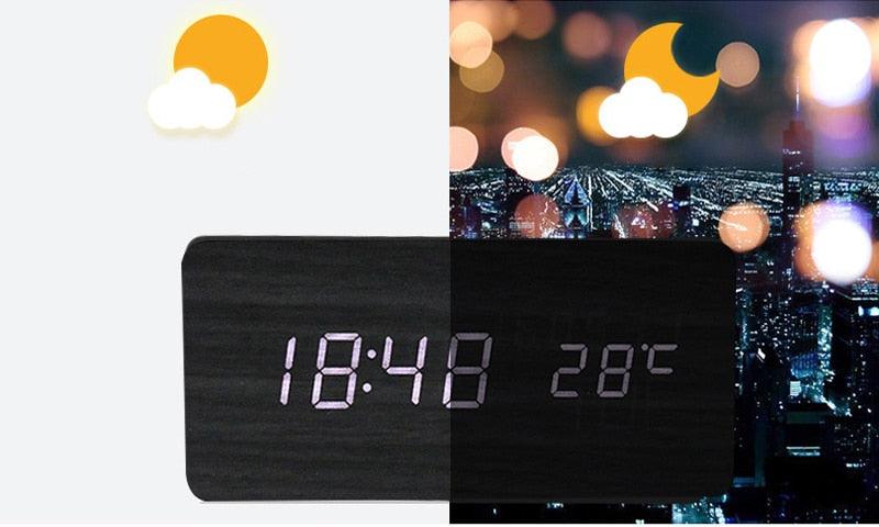 Clocks LED Wooden Alarm Clock Watch Wooden Wood Clock New Version LED Alarm Digital Desk Clock Adjustable Brightness, Alarm Time, Displays Time Date Temperature Table Voice Control Digital Wood Electronic Desktop Table