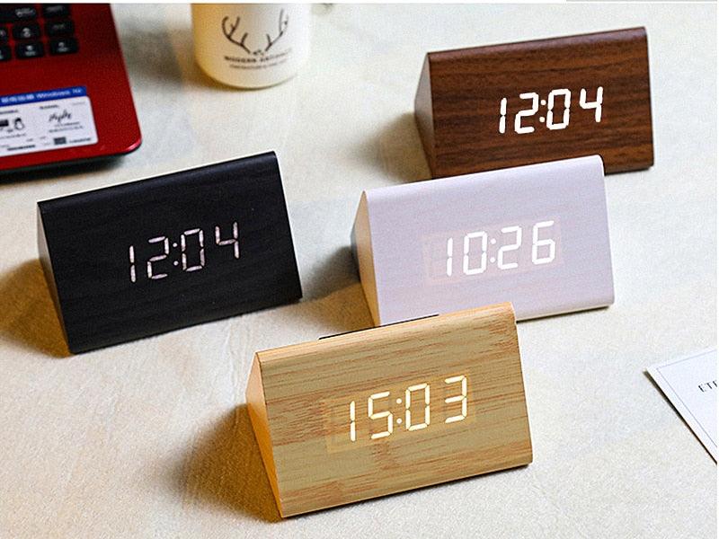Clocks LED Wooden Alarm Clock Watch Wooden Wood Clock New Version LED Alarm Digital Desk Clock Adjustable Brightness, Alarm Time, Displays Time Date Temperature Table Voice Control Digital Wood Electronic Desktop Table