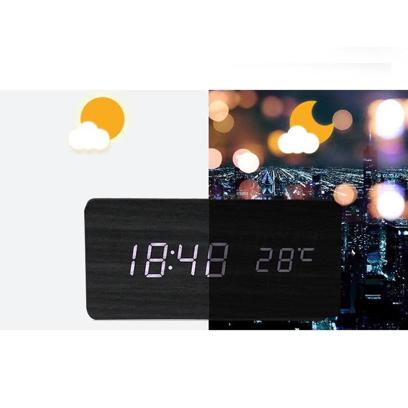 Clocks LED Wooden Alarm Clock Watch Wooden Wood Clock New Version LED Alarm Digital Desk Clock Adjustable Brightness, Alarm Time, Displays Time Date Temperature Table Voice Control Digital Wood Electronic Desktop Table
