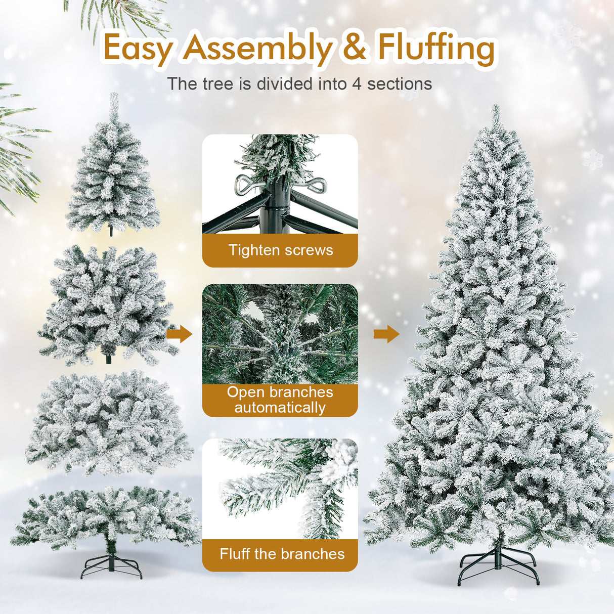 6 Feet Artificial Snow Decorated Flocked Hinged Christmas Tree with Metal Stand