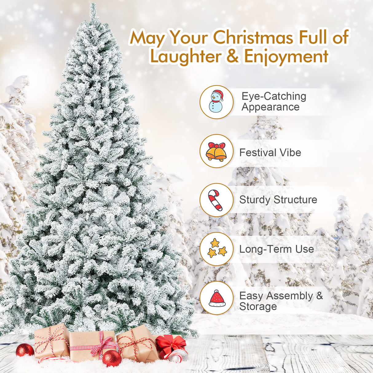 6 Feet Artificial Snow Decorated Flocked Hinged Christmas Tree with Metal Stand