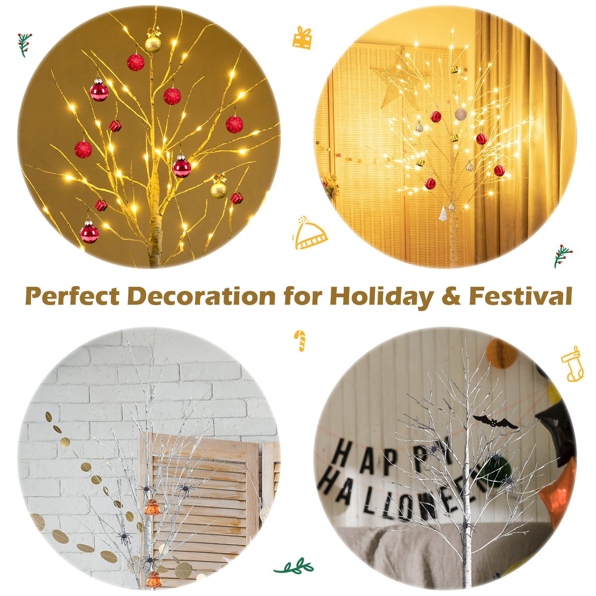 Pre-lit White Twig Birch Tree for Christmas Holiday with LED Lights-6 ft