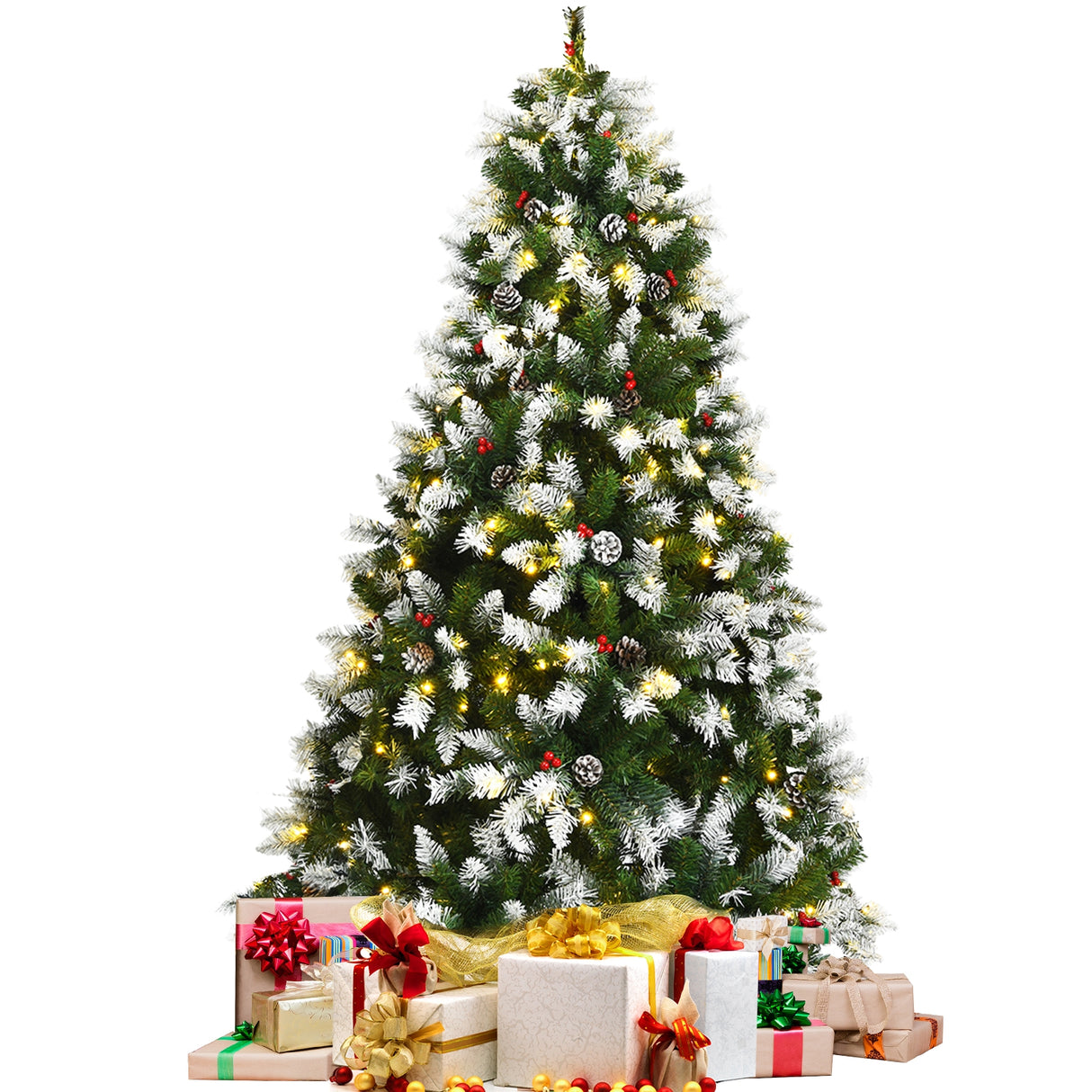Pre-lit Snow Flocked Christmas Tree with Red Berries and LED Lights-6 ft