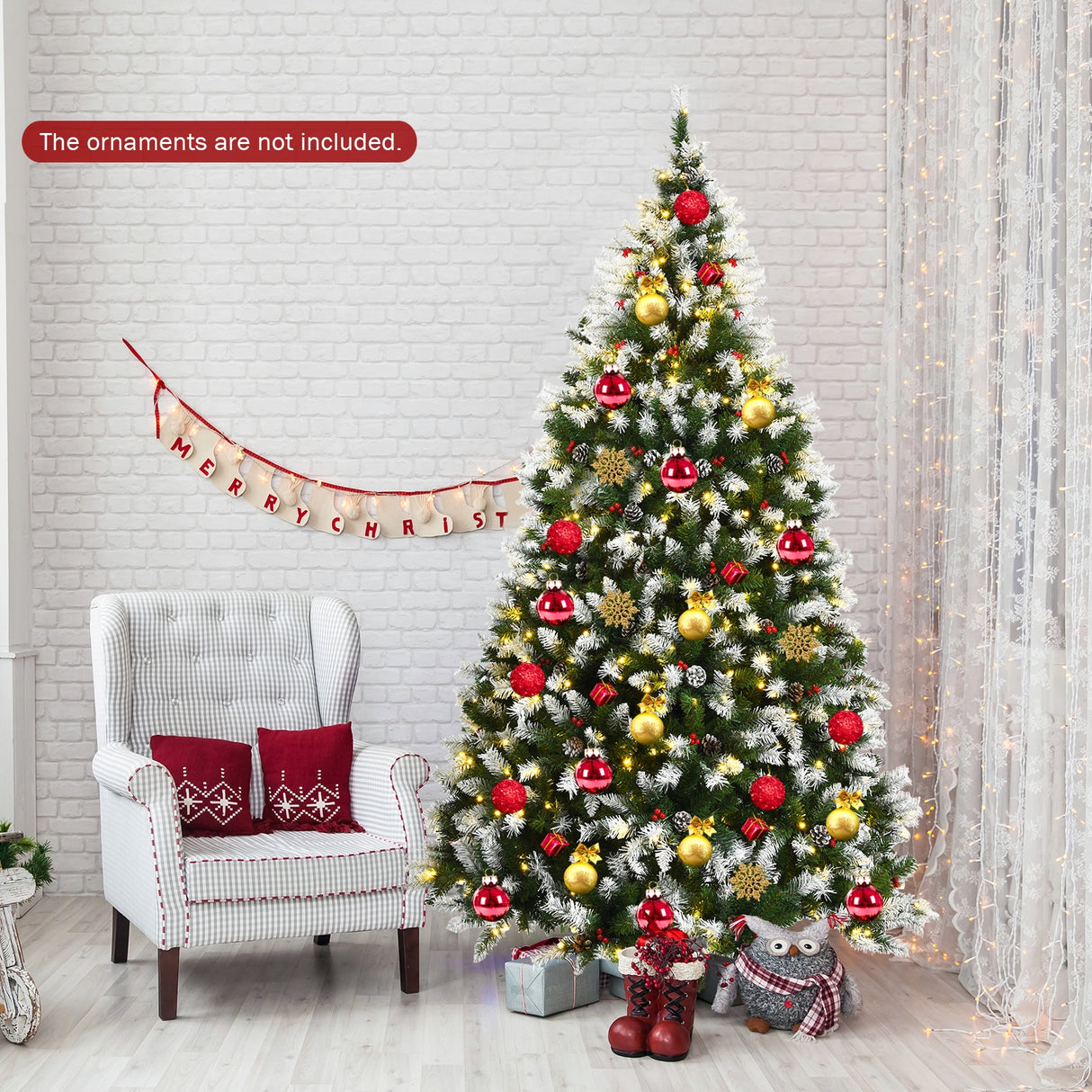 Pre-lit Snow Flocked Christmas Tree with Red Berries and LED Lights-6 ft