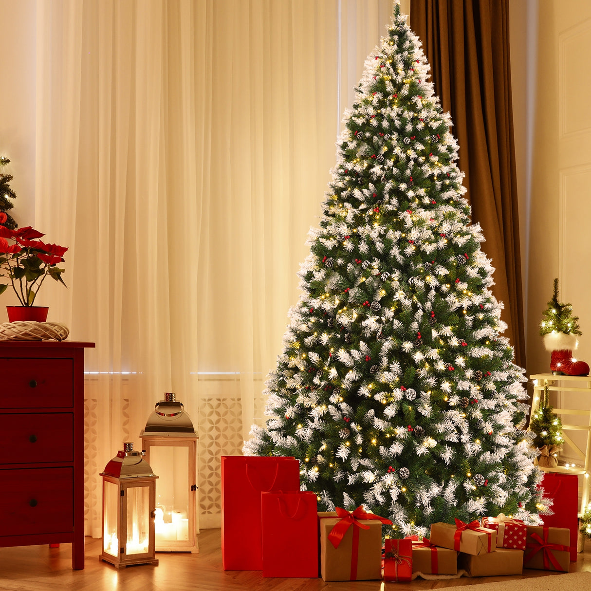 Pre-lit Snow Flocked Christmas Tree with Red Berries and LED Lights-6 ft