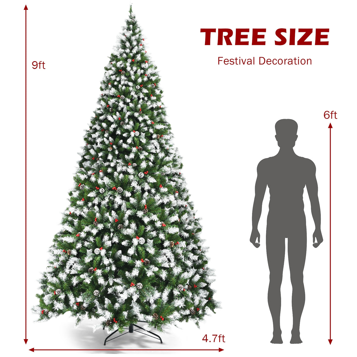 Pre-lit Snow Flocked Christmas Tree with Red Berries and LED Lights-6 ft