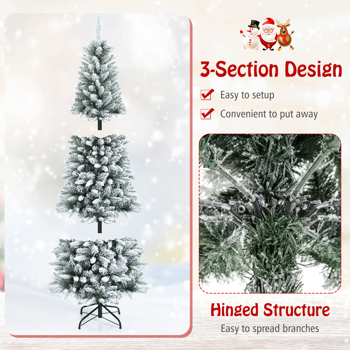 Snow-Flocked Hinged Artificial Christmas Pencil Tree with Mixed Tips-7.5 ft