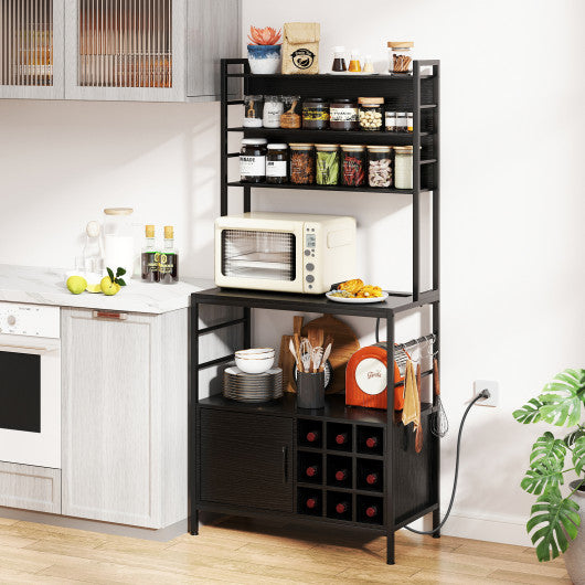 Coffee Bar Cabinet with S-Shaped Hooks and Wine Bottle Holders-Black