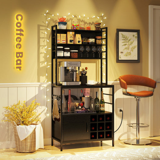 Coffee Bar Cabinet with S-Shaped Hooks and Wine Bottle Holders-Black