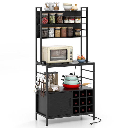 Coffee Bar Cabinet with S-Shaped Hooks and Wine Bottle Holders-Black
