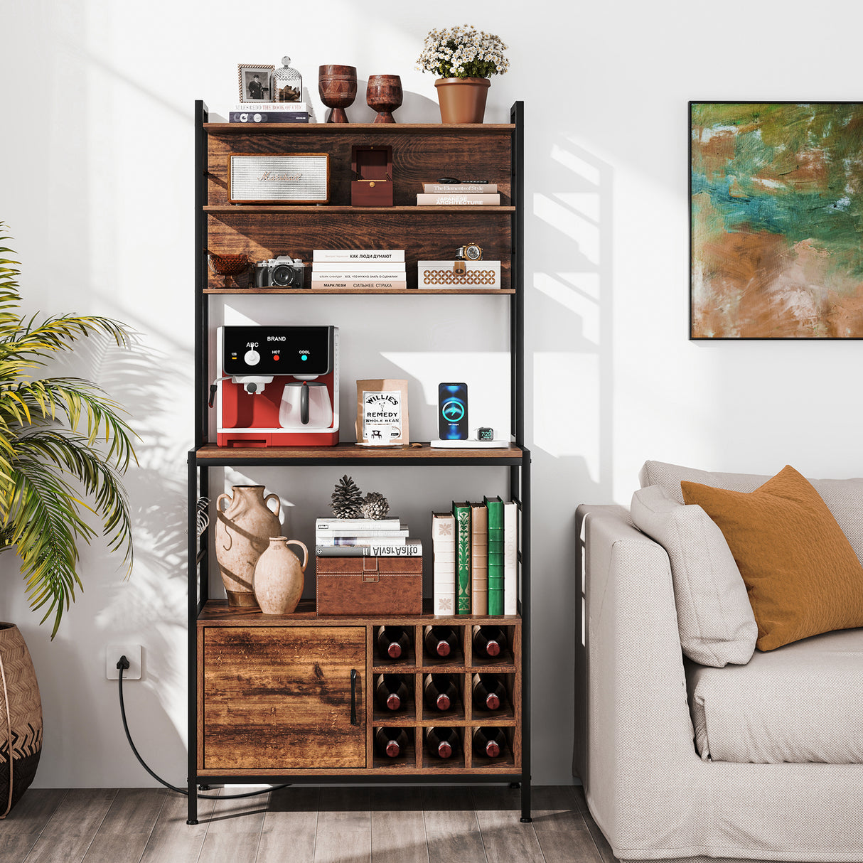 Coffee Bar Cabinet with S-Shaped Hooks and Wine Bottle Holders-Rustic Brown