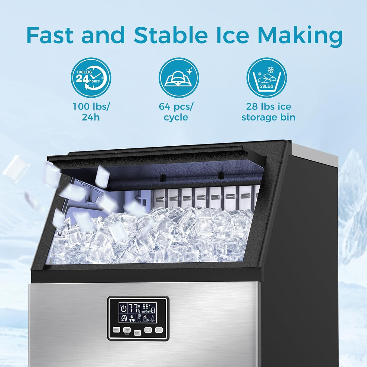 Commercial Ice Maker Machine,100lbs/24H Moon-Shaped Ice Machine with 28 Lbs Storage Capacity