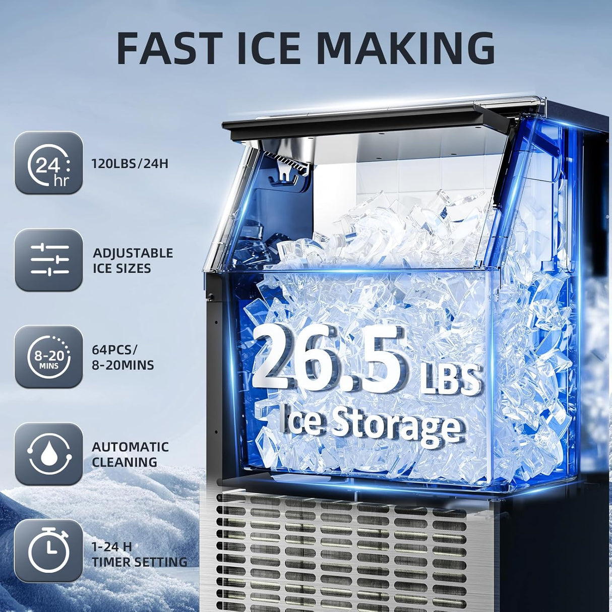 Commercial Ice Maker Machine,100lbs/24H Moon-Shaped Ice Machine with 28 Lbs Storage Capacity