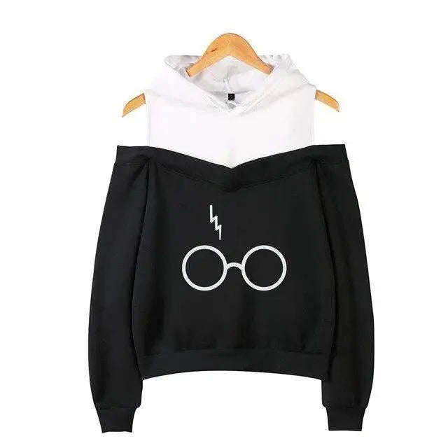 Cool Glasses Printed Hip Hop Off-Shoulder Hoodies Casual Sweatshirt Fashion Hoodie Women Clothing Lightning Scar Glasses Line Drawing Print Hoodie Women Stripes Long Sleeve Hooded Sweatshirts Pullover Pocket Cute Girls School Casual Hoodies