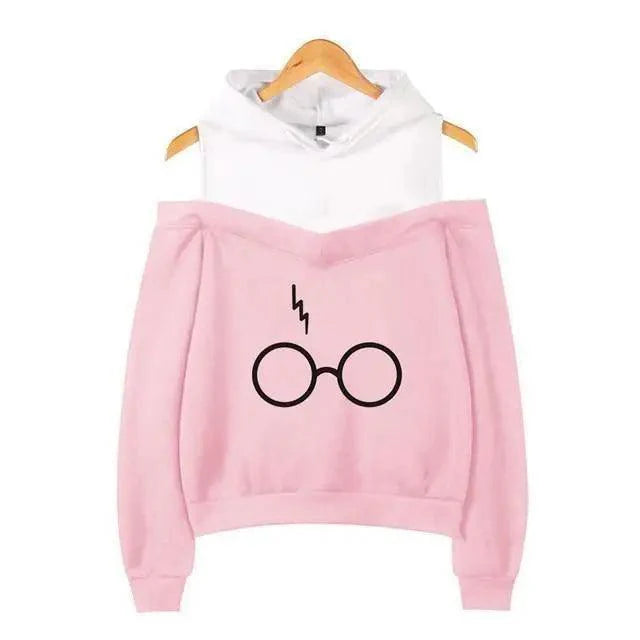 Cool Glasses Printed Hip Hop Off-Shoulder Hoodies Casual Sweatshirt Fashion Hoodie Women Clothing Lightning Scar Glasses Line Drawing Print Hoodie Women Stripes Long Sleeve Hooded Sweatshirts Pullover Pocket Cute Girls School Casual Hoodies