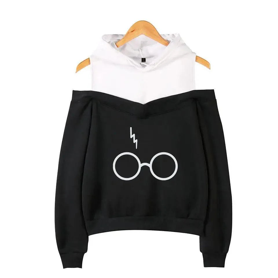 Cool Glasses Printed Hip Hop Off-Shoulder Hoodies Casual Sweatshirt Fashion Hoodie Women Clothing Lightning Scar Glasses Line Drawing Print Hoodie Women Stripes Long Sleeve Hooded Sweatshirts Pullover Pocket Cute Girls School Casual Hoodies
