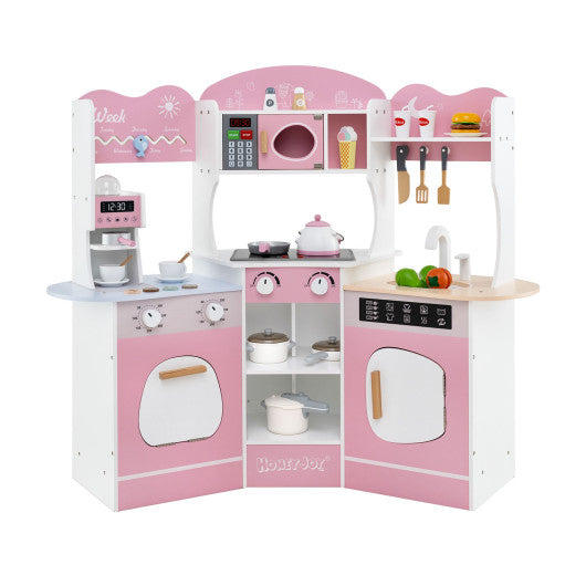 Corner Wooden Play Kitchen with Coffee Machine and Slide for Kids-Pink