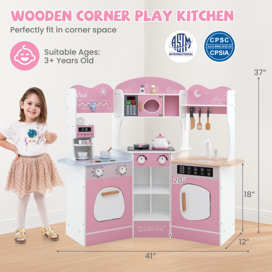 Corner Wooden Play Kitchen with Coffee Machine and Slide for Kids-Pink