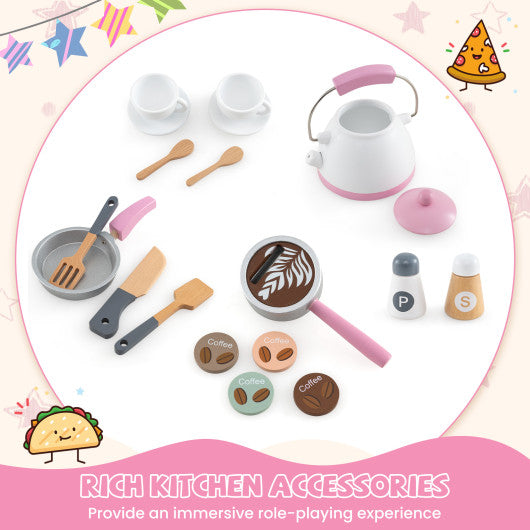 Corner Wooden Play Kitchen with Coffee Machine and Slide for Kids-Pink