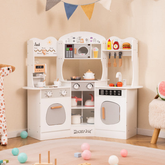Corner Wooden Play Kitchen with Coffee Machine and Slide for Kids-White