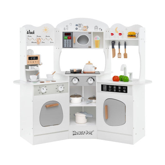 Corner Wooden Play Kitchen with Coffee Machine and Slide for Kids-White