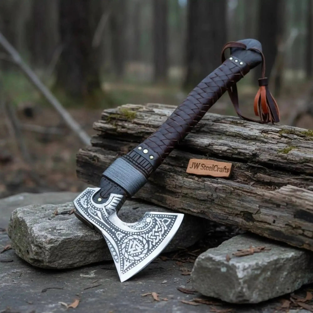 Engraved Norse Valknut Hatchet with Braided Leather Handle