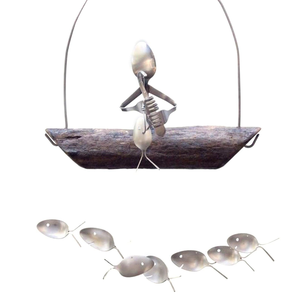 Creative Fishing Man Spoon Fish Sculptures Wind Chime Home Bedroom Painted Fish Mobile Tropical Fish Home Decor Yard Garden Hanging Ornament Decoration