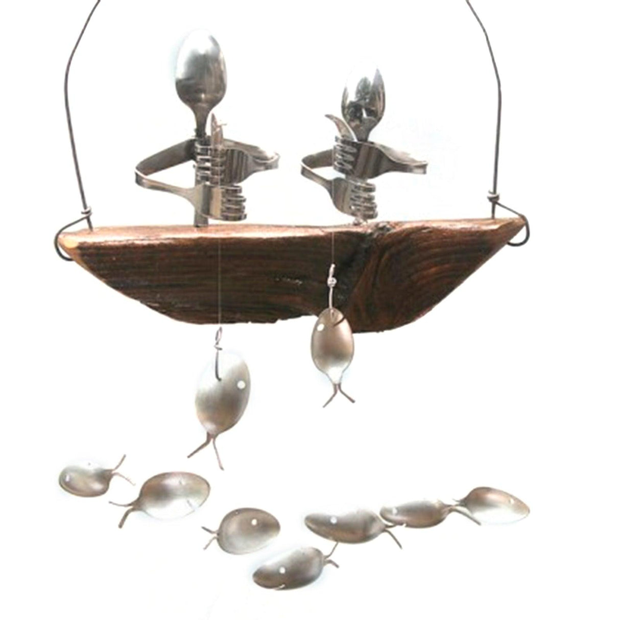 Creative Fishing Man Spoon Fish Sculptures Wind Chime Home Bedroom Painted Fish Mobile Tropical Fish Home Decor Yard Garden Hanging Ornament Decoration