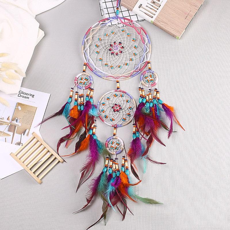 Creative Handmade Five-ring Dream Catcher Pendant Living Room Bedroom Decor Beautiful Hanging Ornament Elegant Wall Art Decoration For Windows Balcony Bedroom & Wedding Party Gift For Girls Kids