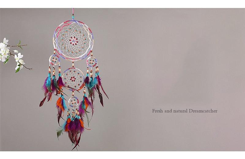 Creative Handmade Five-ring Dream Catcher Pendant Living Room Bedroom Decor Beautiful Hanging Ornament Elegant Wall Art Decoration For Windows Balcony Bedroom & Wedding Party Gift For Girls Kids