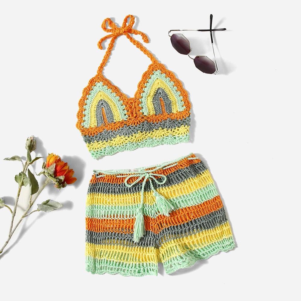 Crochet Bikini Sets Multi Color Knitted Rainbow Striped Off Shoulder Top Bottom Bikini Women's Crochet Striped Lace Up Shorts Bikini Set 2 PCS Knit Bathing Suit Swimsuit Beachwear Bathing Suit Women Swimsuit