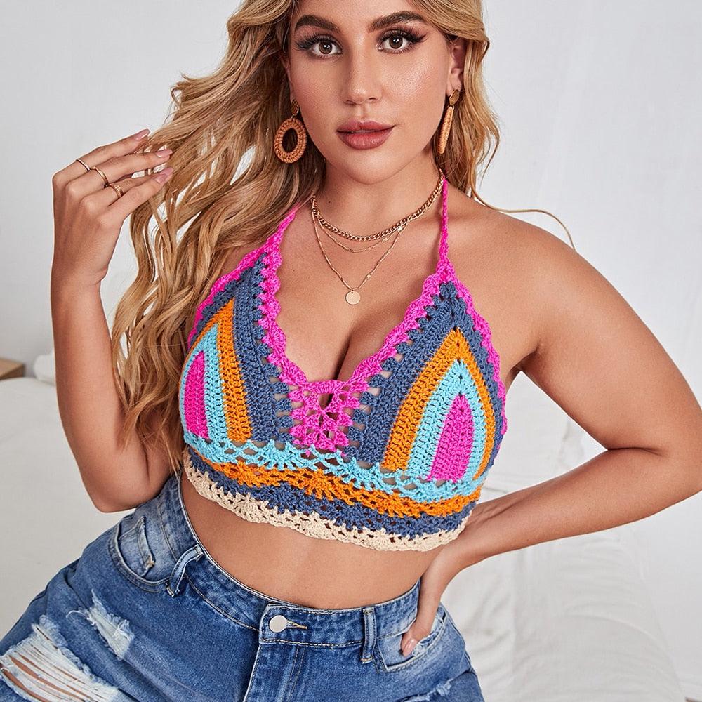 Crochet Bikini Sets Multi Color Knitted Rainbow Striped Off Shoulder Top Bottom Bikini Women's Crochet Striped Lace Up Shorts Bikini Set 2 PCS Knit Bathing Suit Swimsuit Beachwear Bathing Suit Women Swimsuit