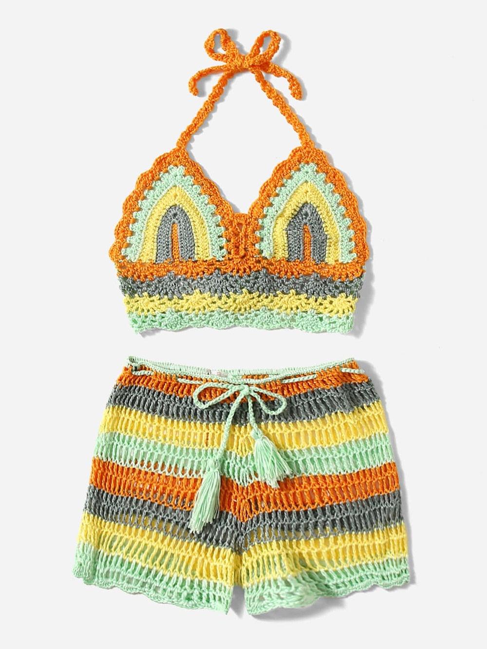 Crochet Bikini Sets Multi Color Knitted Rainbow Striped Off Shoulder Top Bottom Bikini Women's Crochet Striped Lace Up Shorts Bikini Set 2 PCS Knit Bathing Suit Swimsuit Beachwear Bathing Suit Women Swimsuit