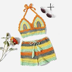 Crochet Bikini Sets Multi Color Knitted Rainbow Striped Off Shoulder Top Bottom Bikini Women's Crochet Striped Lace Up Shorts Bikini Set 2 PCS Knit Bathing Suit Swimsuit Beachwear Bathing Suit Women Swimsuit